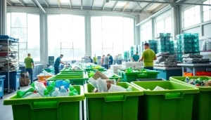 Implementing cold lake recycling in a vibrant facility with workers sorting eco-friendly materials.