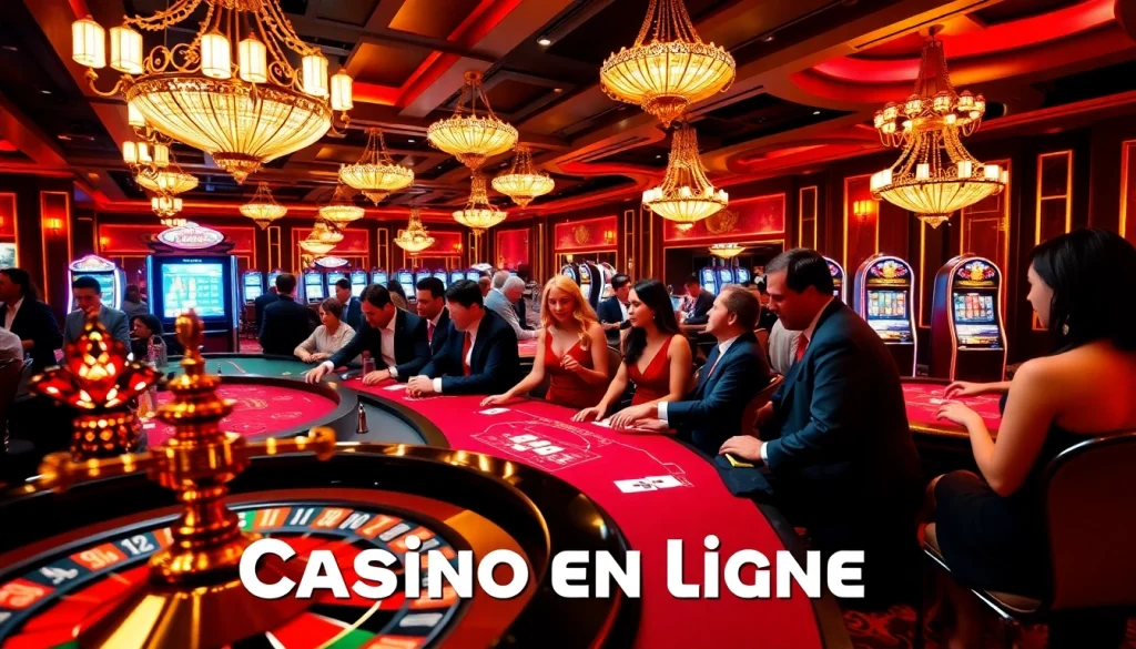 Moments excitants au casino en ligne avec des joueurs engagés sur des machines à sous et des jeux de table.