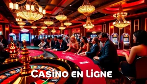 Moments excitants au casino en ligne avec des joueurs engagés sur des machines à sous et des jeux de table.