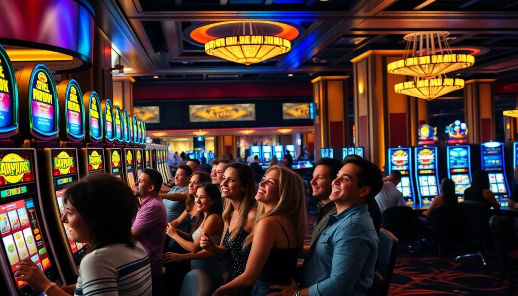 Players engaging with exciting slot machines in a luxurious casino environment.