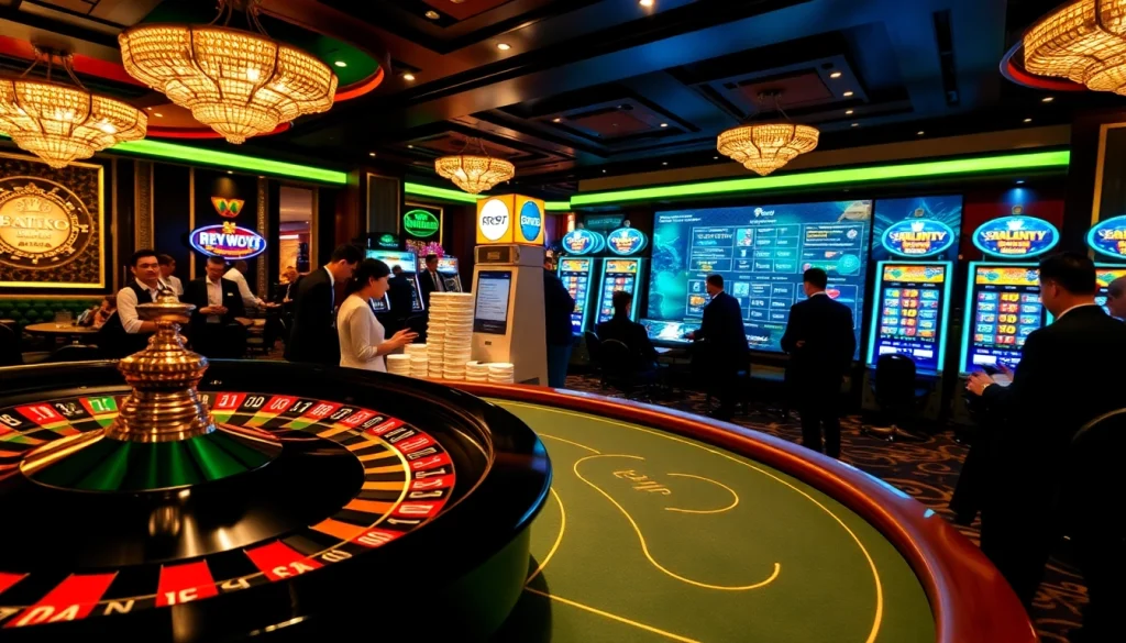 Exciting gameplay at RR99 com showcasing a lively poker table and roulette wheel.