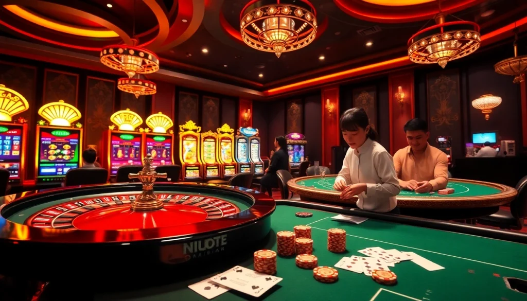 Players enjoying the thrill of high-stakes betting at F168 link không bị chặn casino tables, illuminated by vibrant slot machines.