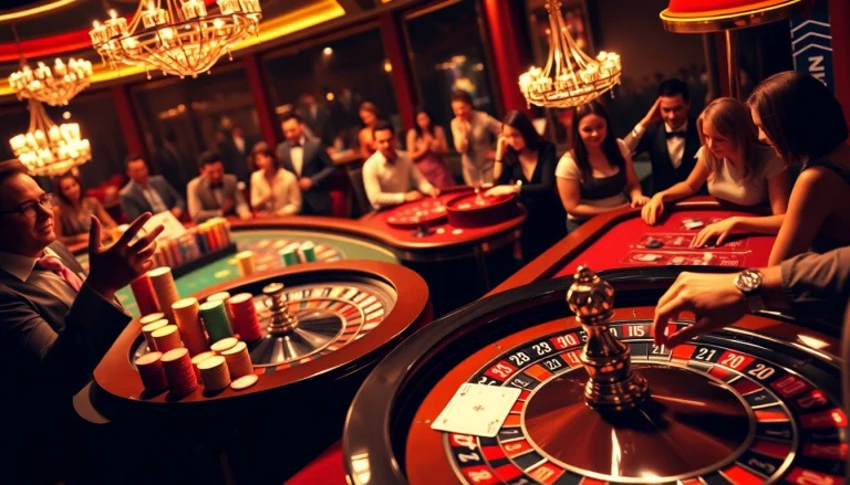 Players enjoying a dynamic casino experience at https://luck882.co.com/, with vibrant colors and excitement around poker tables.