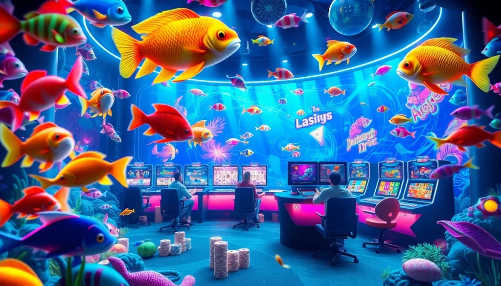 bắn cá đổi thưởng in a vibrant 3D virtual casino environment with colorful fish and gaming interfaces.