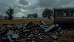 Spain train crash scene with wreckage and dramatic sky illustrating aftermath impact.