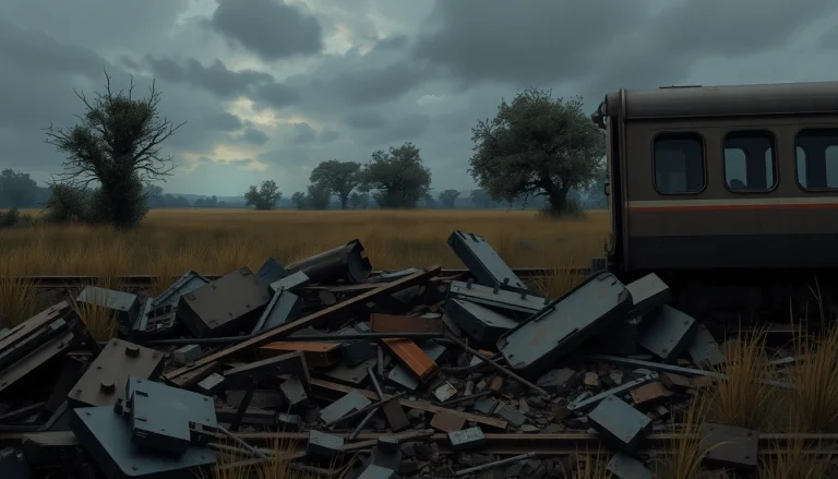 Spain train crash scene with wreckage and dramatic sky illustrating aftermath impact.