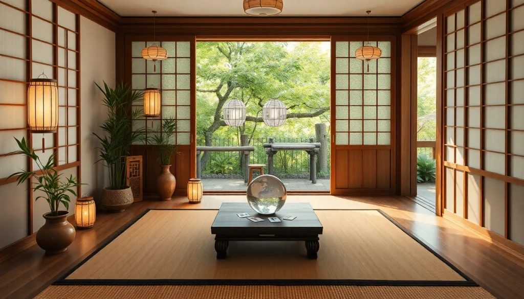 クリスタルボールとタロットカードを備えた静かな日本の相談スペースで、電話占い 当たるの洞察に満ちた雰囲気を体験してください。