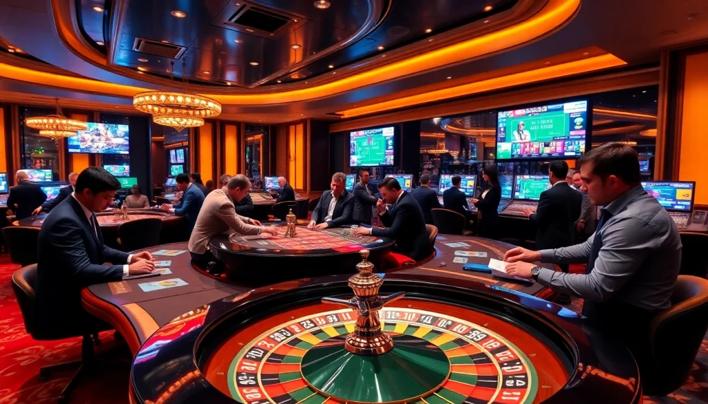 Scène engageante de casino en ligne avec des croupiers professionnels et des éléments de jeu vibrants.