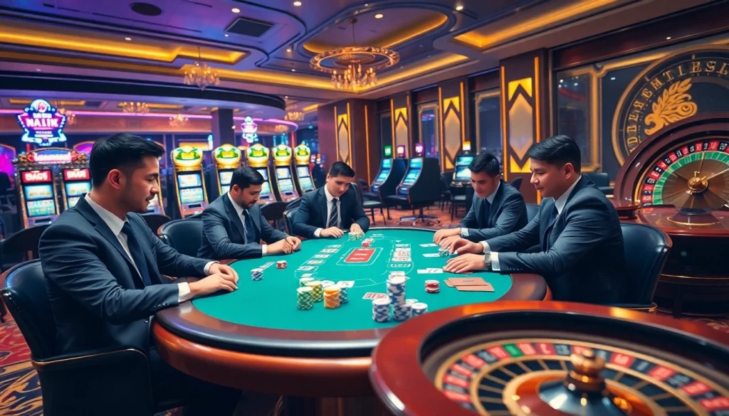 Exciting gambling scene illustrating kinh nghiệm cược tại KBBET with engaged poker players and vibrant casino elements.