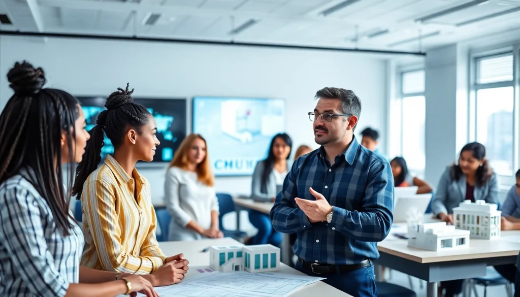 Engaging construction education classroom with diverse students learning collaboratively.