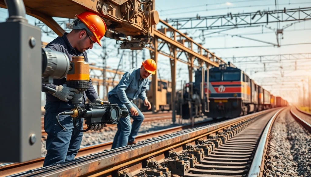 Engineers conducting inspections in Railroad Engineering with dynamic railway background.