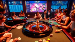 Experience thrilling gaming action at https://luckywin.fan/ with players immersed at tables and slot machines.