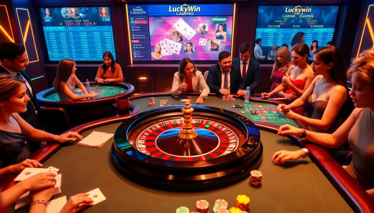 Experience thrilling gaming action at https://luckywin.fan/ with players immersed at tables and slot machines.