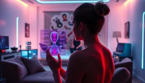 Engaging with NSFW AI in a futuristic setting, showcasing intimate holographic interaction.
