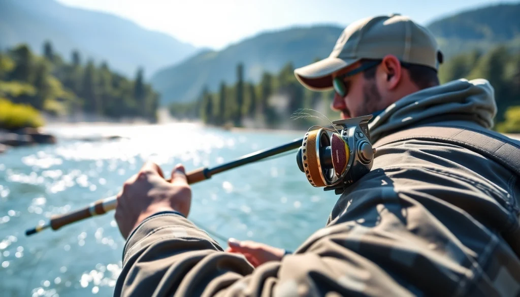 Showcase of best fly fishing reels used in a serene fishing scene with an angler on a river.