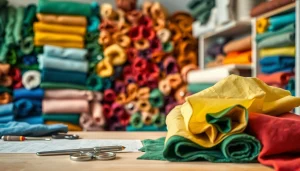 Duurzame stoffen in een creatief textielatelier met kleurige stoffen en ambachtelijke gereedschappen.