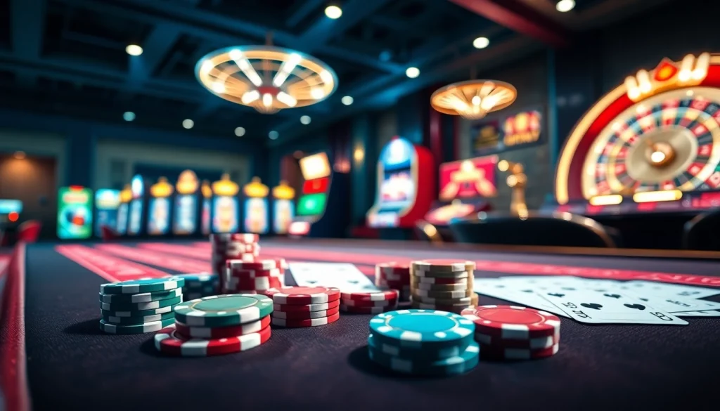 Experience the excitement of gambling at https://kjc.football/ with a luxurious casino scene featuring poker chips and roulette.