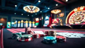 Experience the excitement of gambling at https://kjc.football/ with a luxurious casino scene featuring poker chips and roulette.