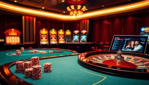 Engaging in high-stakes poker at EE 88 casino with vibrant chips and roulette.