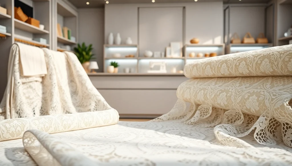 Kanten stof per meter in diverse patronen, stijlvol weergegeven in een elegante omgeving.