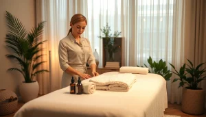 맞춤형 마사지를 준비하는 전문 치료사와 함께하는 편안한 러시아출장마사지 장면.