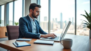 Analyze hubspot crm free on a laptop in a bright office environment with a city view.