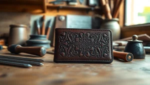 Showcase an intricately designed tooled leather wallet highlighting craftsmanship and detailed patterns.