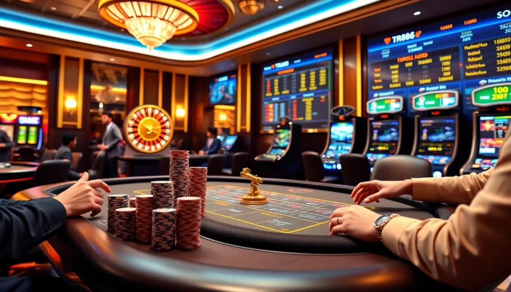 Experience TR88 GAME with vibrant poker tables and exciting slot machines in a luxurious casino setting.