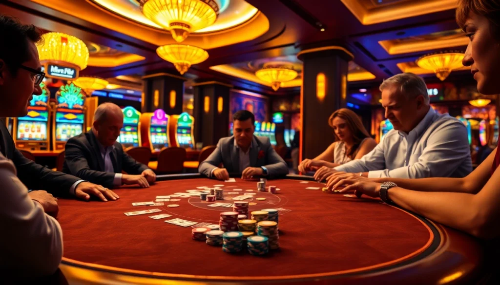 Experience the excitement of winning at nhà cái thabet with a vibrant casino scene featuring poker and slot machines.