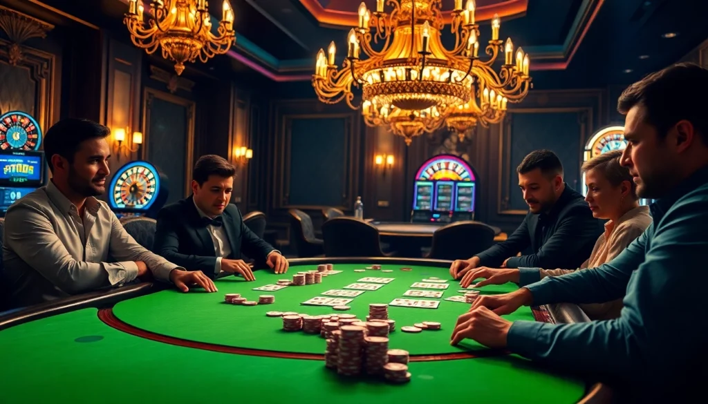 Pemain poker yang terlibat sedang merumuskan strategi di meja poker kasino mewah.