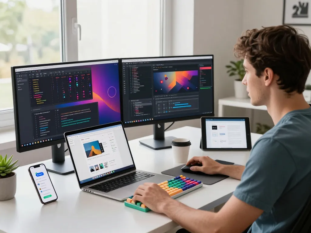 开发人员在充满活力的办公室中使用多台显示器编码，展示谷歌浏览器的功能以增强在线体验。
