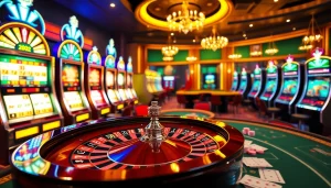 Scène captivante de casino en ligne avec des machines à sous vibrantes, une table de poker et une roulette.