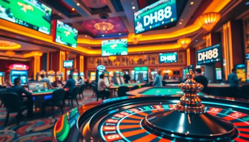 Players enjoying a high-stakes game at DH88 casino with vibrant tables and excitement.
