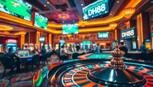 Players enjoying a high-stakes game at DH88 casino with vibrant tables and excitement.