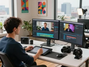 Professional video to prompt generation in a digital workspace with content creator analyzing video footage.