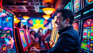 Menang besar di hoki77, pemain bersuka cita di mesin slot yang berwarna-warni.