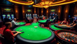 KJC casino players enjoying games with vibrant poker chips and slot machines.