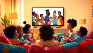 A group of children enjoying African American cartoons in a colorful living room.