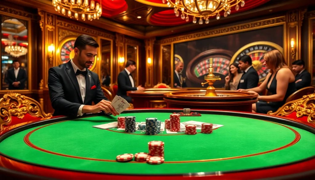 Gamblers enjoying high-stakes play at GG88's luxurious casino tables.