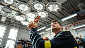 Ensuring optimal lighting maintenance during professional inspection of overhead LED fixtures.