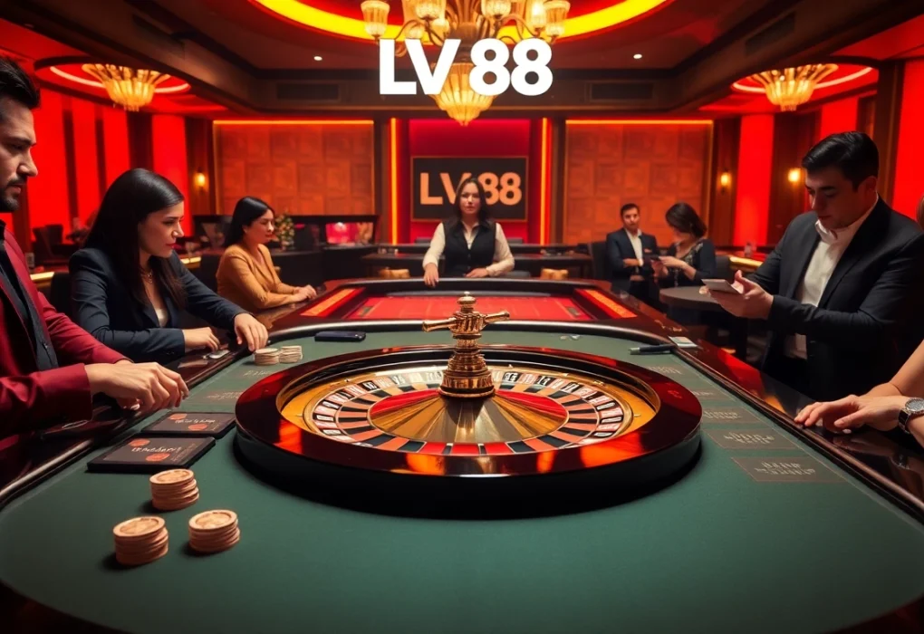 Players enjoying high-stakes games at LV88's luxurious casino tables