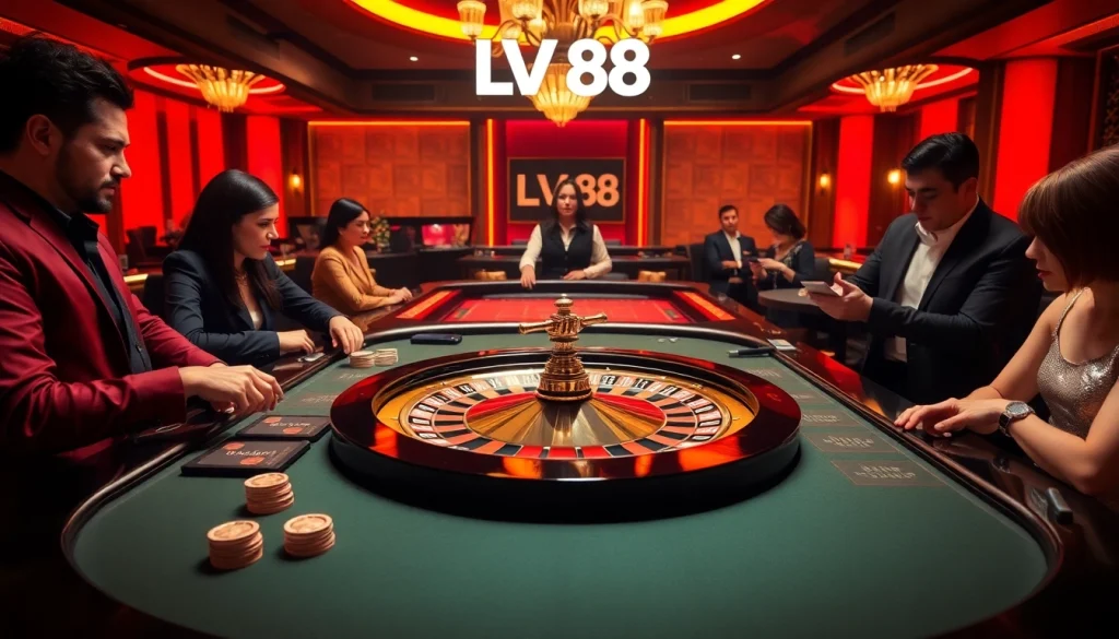 Players enjoying high-stakes games at LV88's luxurious casino tables