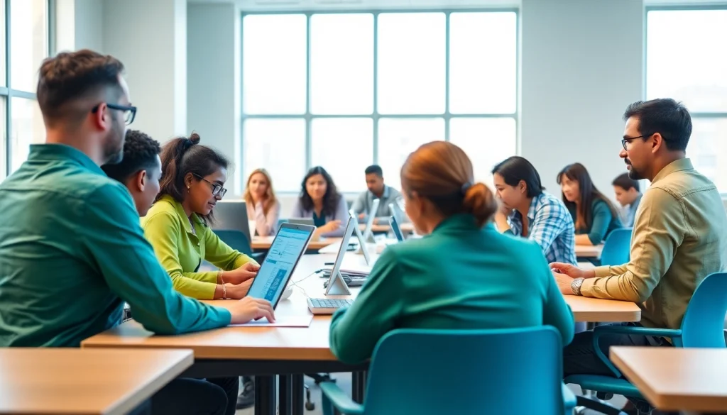 Engaged adults in workforce training, utilizing technology in a modern classroom setting.