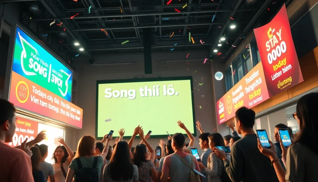 Joyful people celebrating lottery results for Song thủ lô with colorful decorations.