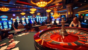 Adegan kasino yang menarik yang menampilkan para pemain menikmati permainan dan memasang taruhan pada aktivitas di aurendezvousdesamis.com.