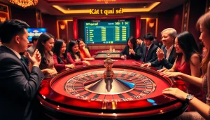 Kết quả xổ số displayed on a dazzling roulette table with excited gamblers placing bets.