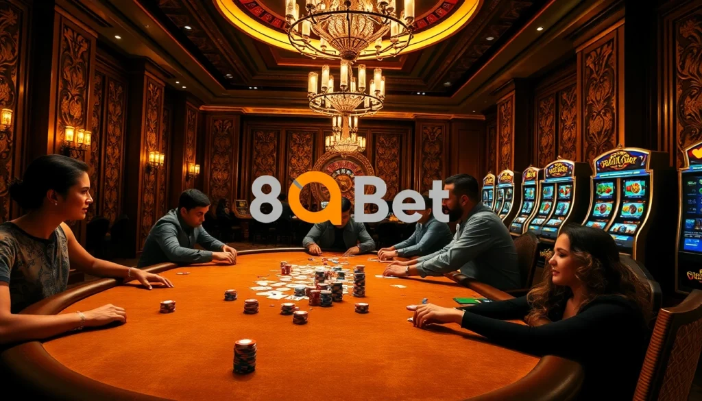 A thrilling poker game at a luxurious casino featuring 8qbet branding and exciting betting action.