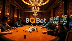 A thrilling poker game at a luxurious casino featuring 8qbet branding and exciting betting action.