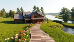 Stunning view of Winding River Farmhouse New Build set in a tranquil landscape.