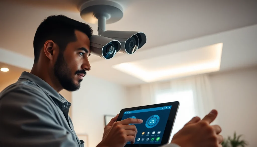 Instalación de cámaras de seguridad de alta calidad por un técnico profesional en un hogar moderno.